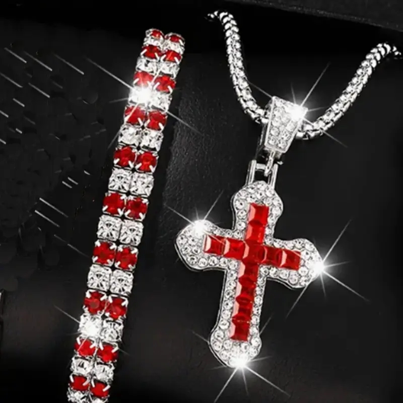 3 piezas hombres personalidad Simple negro acero inoxidable no se decolora Cruz collar anillo pulsera conjunto Accesorios: Chapado en platino