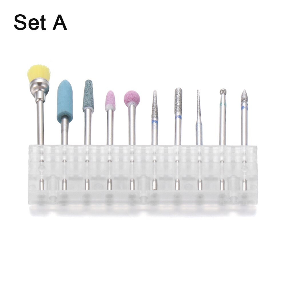 10Pcs Nagel Boren Elektrische Manicure Machine Cutter Diamond Bestand Gel Polish Kit Set Cuticle Schoon Pedicure Slijpen Hoofd: Set A
