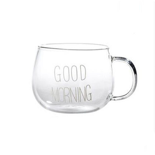 Vidrio vientre tazas Estilo corto transparente desayuno taza de alta temperatura resistencia creativa café té de la leche de yogur de avena tazas: white text