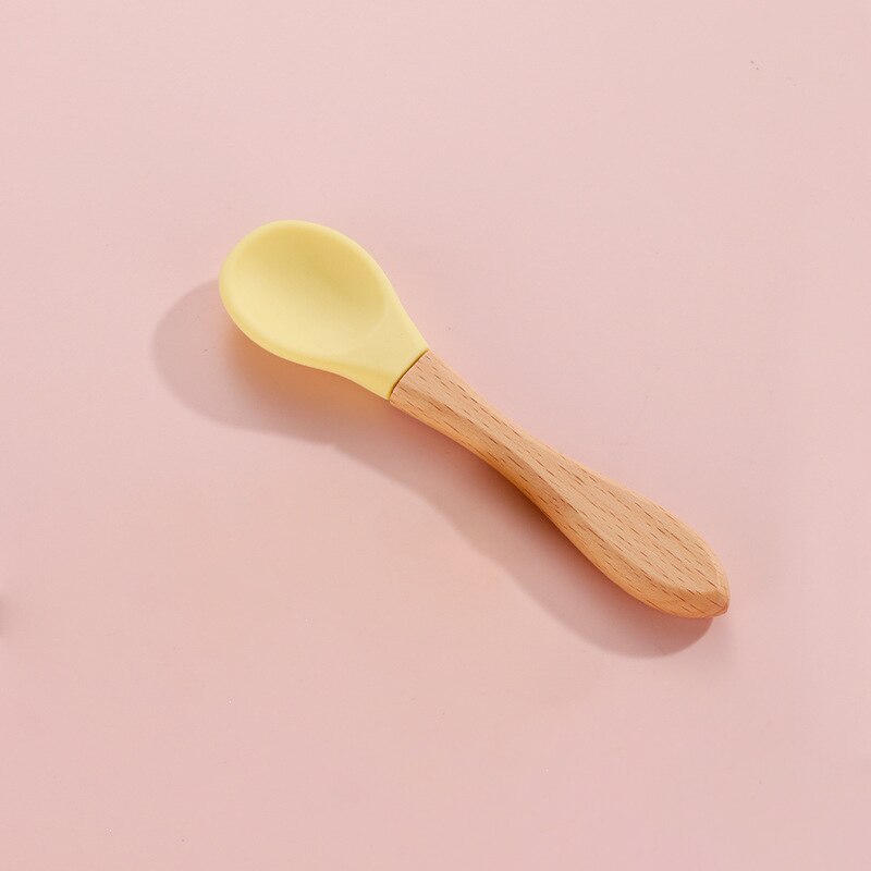 Voeden Houten Handvat Siliconen Lepel Voor Baby Gebruiksvoorwerpen Kids Eet Voedsel Voor Training Manipulatieve Vermogen Baby Servies Lepel