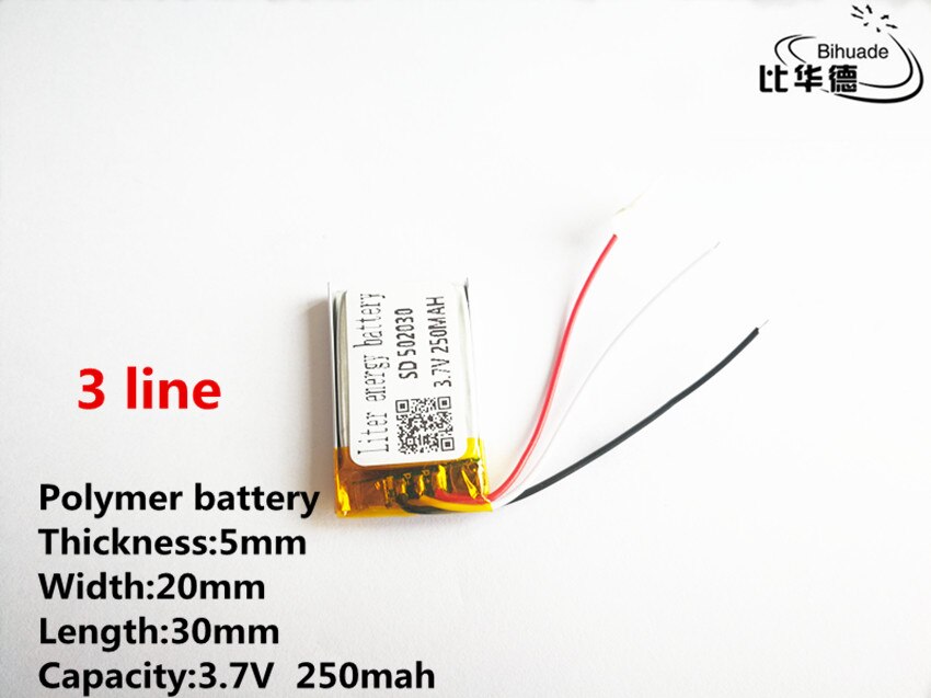 10 stks/partij 3 lijn Goede Qulity 3.7 V, 250 mAH, 502030 Polymeer lithium-ion/Li-Ion batterij voor SPEELGOED, POWER BANK, GPS, mp3, mp4