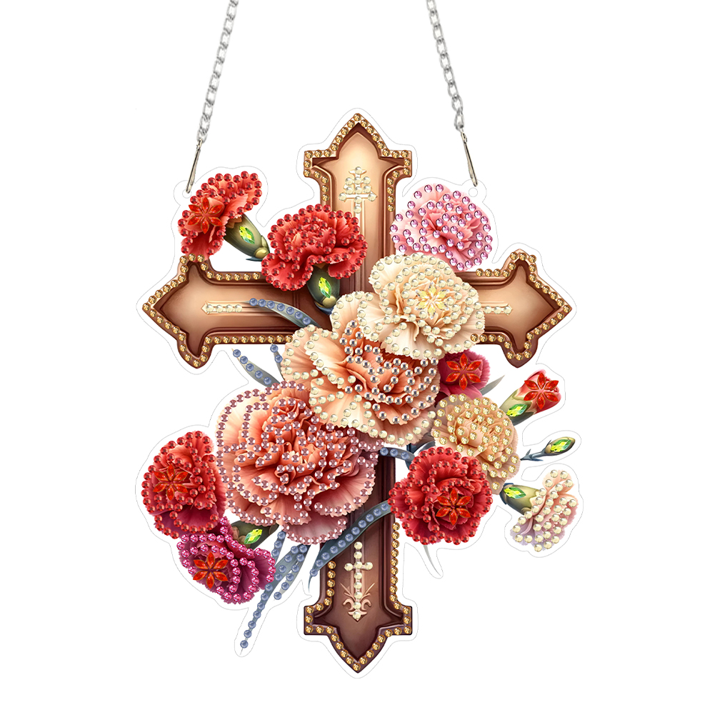 Flowers Cross Diamond Art Hanging Pendant Diamond Painting Home Decor Rhinestone Diamond Art Window Pendants for Window Decor: Blue