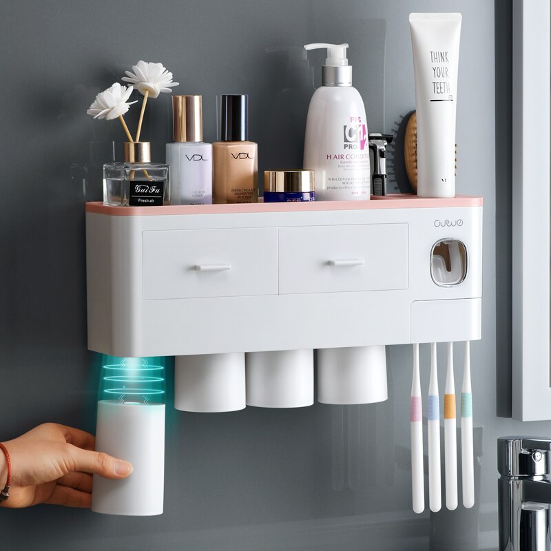Toothbrush Holder Automatic Toothpaste Dispenser With Cup Wall Mount Toiletries Storage Rack Bathroom Accessories Set