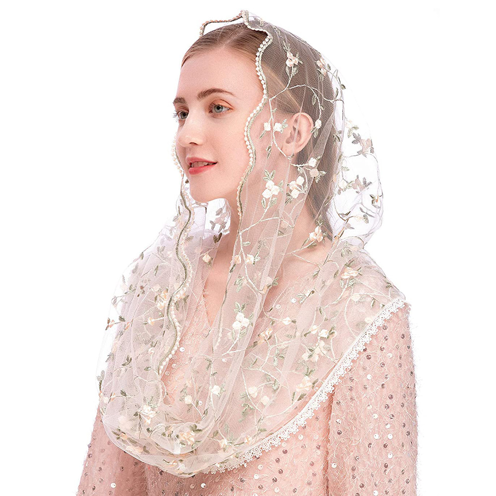 Velos de la Virgen para mujer, velo Infinity de Mantilla para mujer, masa latina, pequeño bordado Floral suave, pañuelo para cubrir la cabeza de encaje para novia