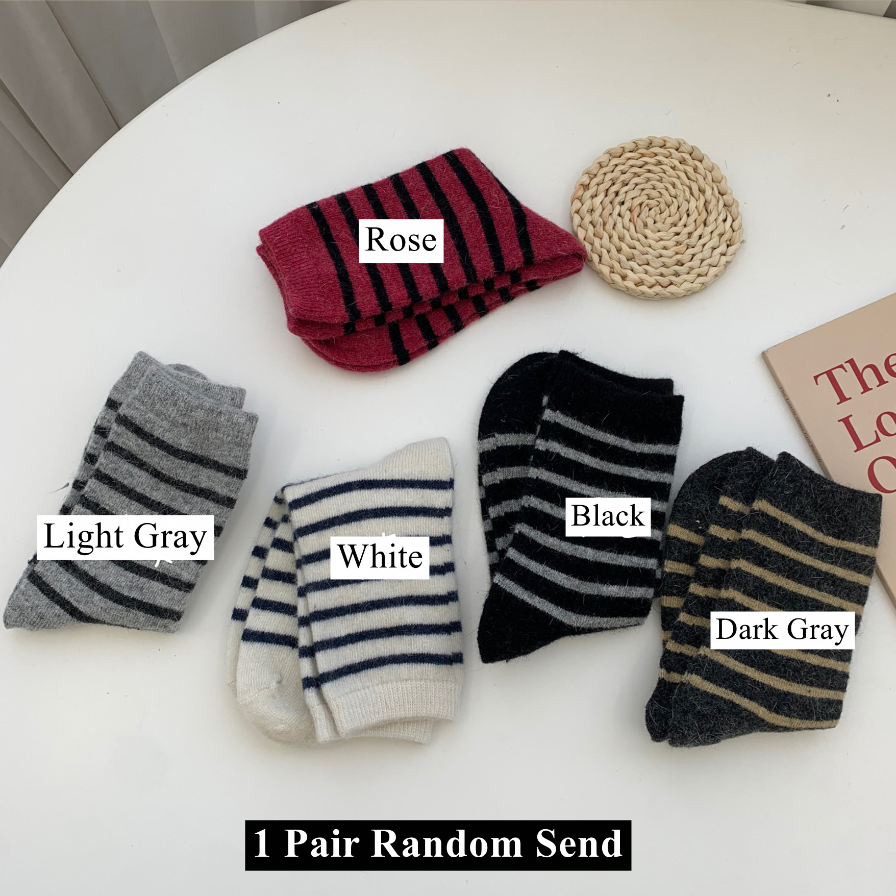 Chaussettes en poils de lapin pour femmes, décontractées à rayures, longues en laine de cachemire, hiver, épaisses et chaudes, Streetwear, chaussettes thermiques d&#39;équipage, , 20%: 1 Pair Random Send