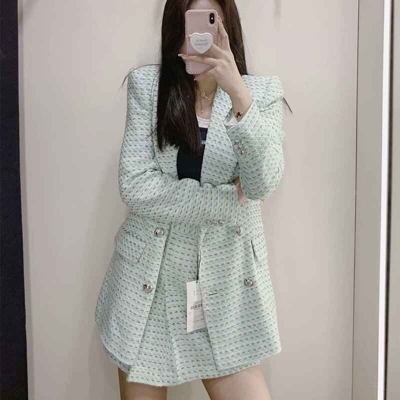 Women Two Pieces Set Textured Checkered Blazer and Pleated Short Skirt Suit Casual Chic Lady Women Outfits Suit
