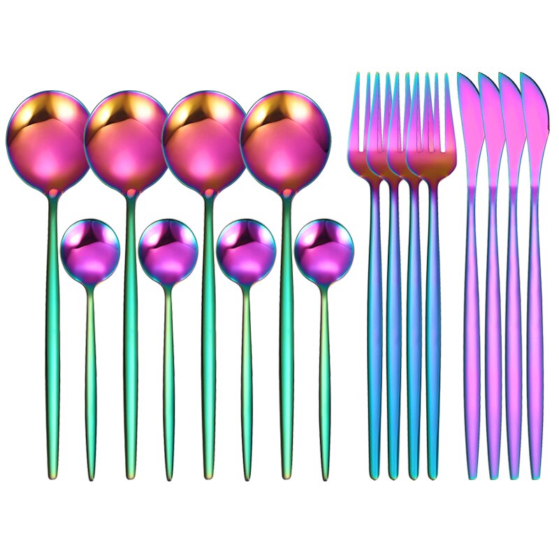 16Pcs/Set White Gold Cutlery Set Knives Forks Tea Spoon Dinnerware Flatware Stainless Steel Silverware Kitchen Tableware Set: 16 Pcs Rainbow