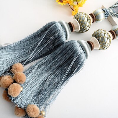 Embrasses de rideaux à Pompons, 2 pièces, cordes à franges, boules de ceinture suspendues, boucle de rideau, fermoir, accessoires: Bleu