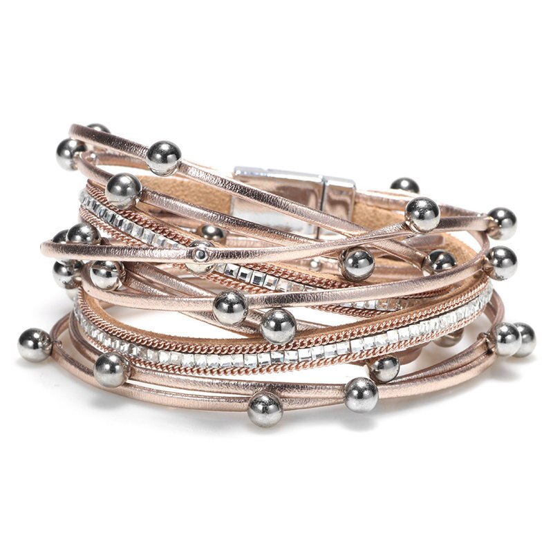 Rhinestone Beads Multilayer Ethnic Trendy Leather Bracelets Women Girl Cuff Bangle Female Jewelry geometric: gold