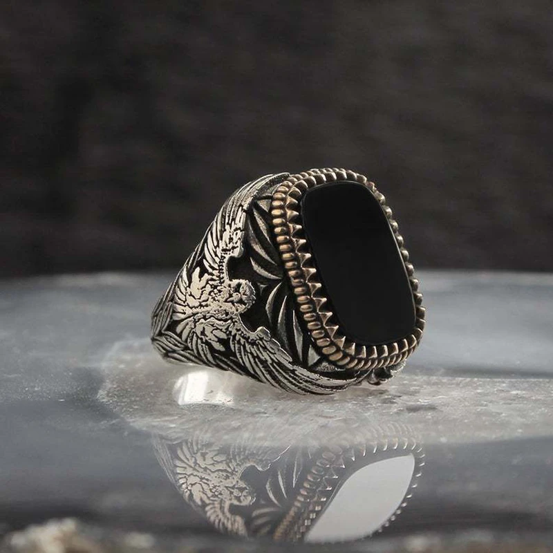 Bague chevalière turque faite à la main pour hommes, Vintage, tendance, bicolore incrusté de Zircon noir, aigle en métal, Punk, bijoux rétro pour fête de mariage: 12 / Rouge