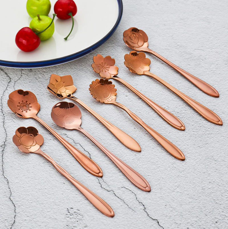 4Pcs 7 Stainless Steel Long Handle Flower Teaspoon Coffee Spoon - Bed