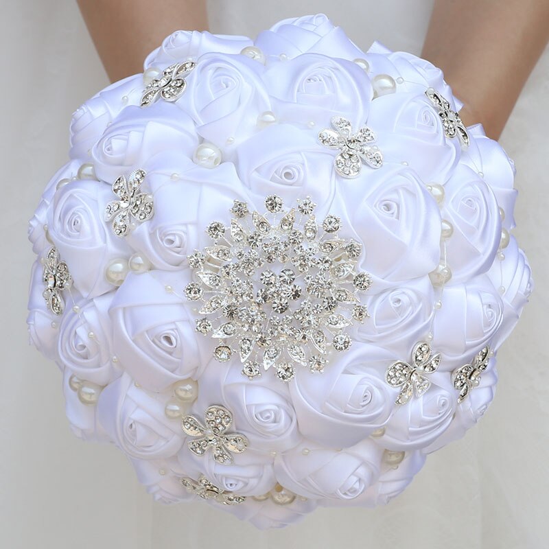 16styles white wedding bride holding flowers artificial bouquet ribbon rhinestone pearl bouquet decoration bride groom dance: Style 10