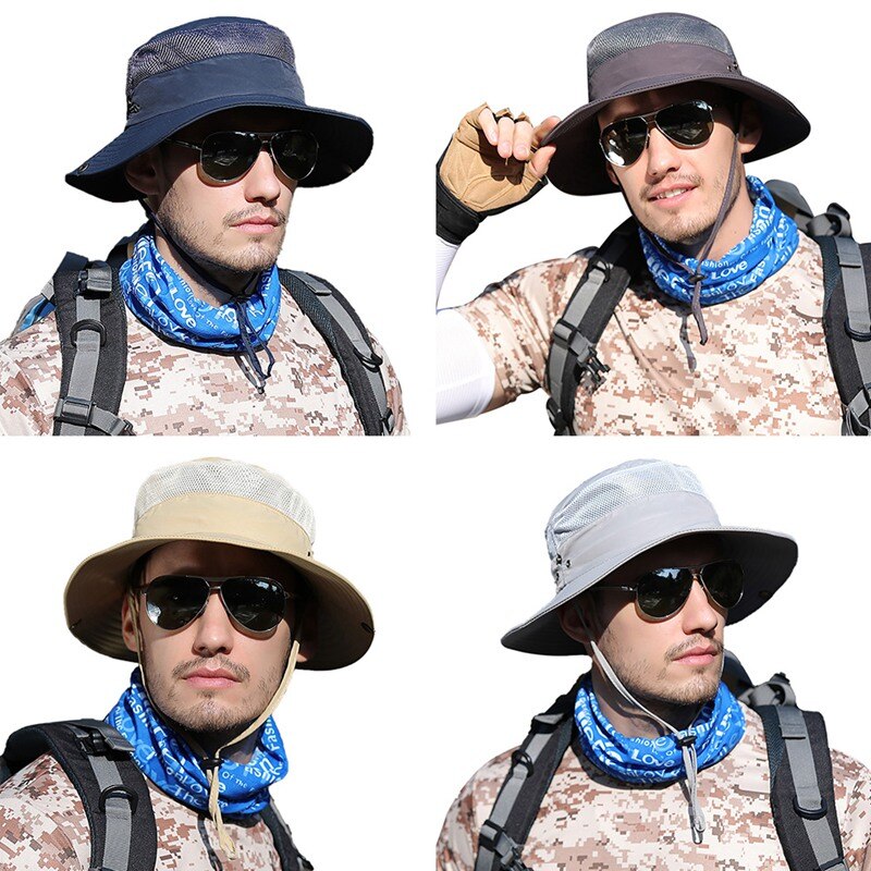 Balde chapéu de secagem rápida leve dobrável sombrinha ao ar livre pescador boné com queixo corda caqui