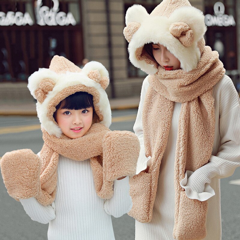 Foux Bomber Hats Women Kids Parent Child Winter Bear Ears Russian Cap Scarf Neck Gloves Snow Warm Baby Boy Girl Ushanka Trooper