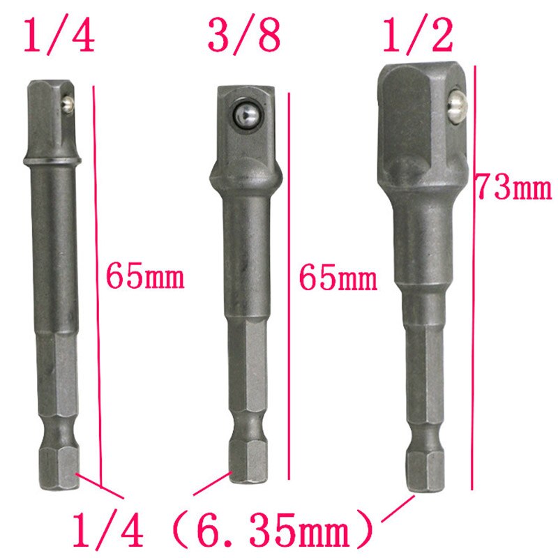 3Pcs/Set Socket Adapter Hex Shank To 1/4" 3/8" 1/2" Extension Drill Bits Chrome Vanadium Steel Bar Hex Bit Set Power Tools
