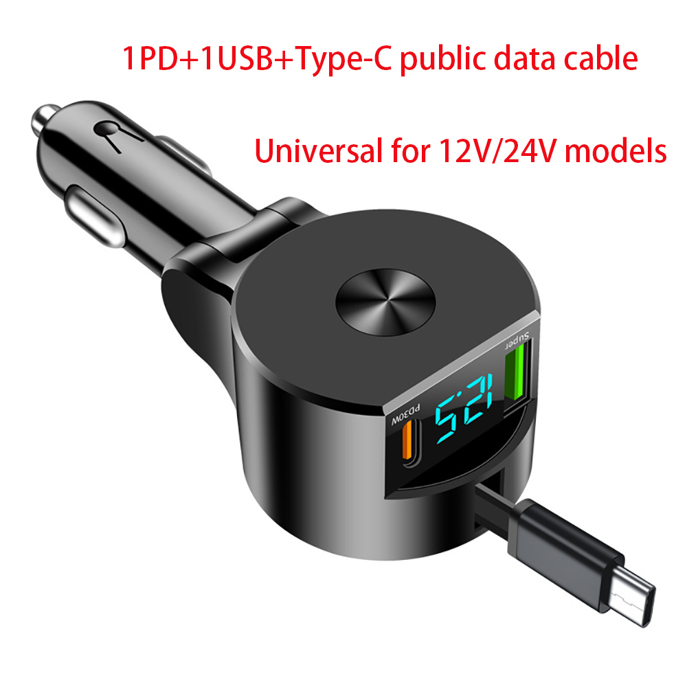 Autolader met spanningsdetectie, supersnel verstelbare 3-in-1 intrekbare telefoonoplader, USB QC3.0 Type C PD USB C snellader: Default Title