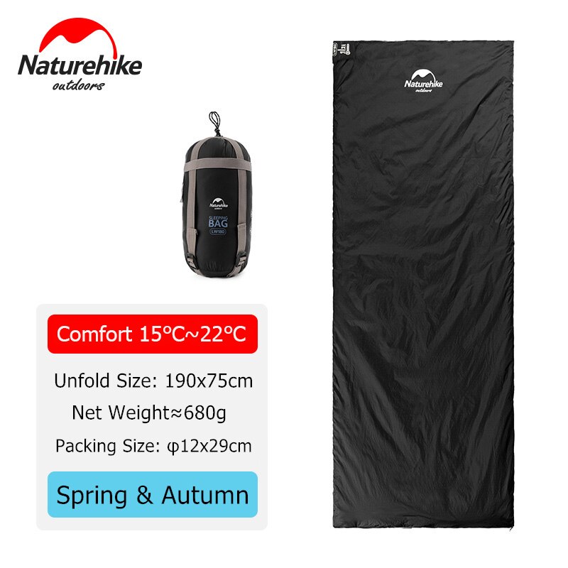 Naturehike Slaapzak Ultralight LW180 Waterdicht Katoen Slaapzak Natuur Wandeling Zomer Outdoor Wandelen Camping Slaapzak: Black - 190x75cm