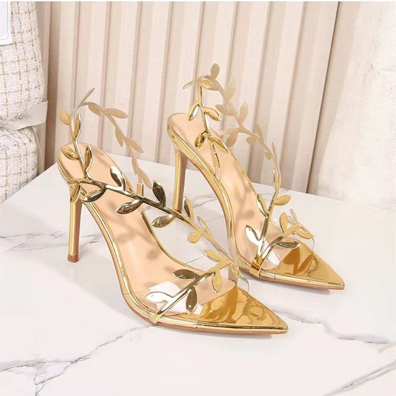 Summer Patent Leather Gold Leaf Women Sandals Pointed toe Thin High heels Gladiator Sandalias Party Shoes