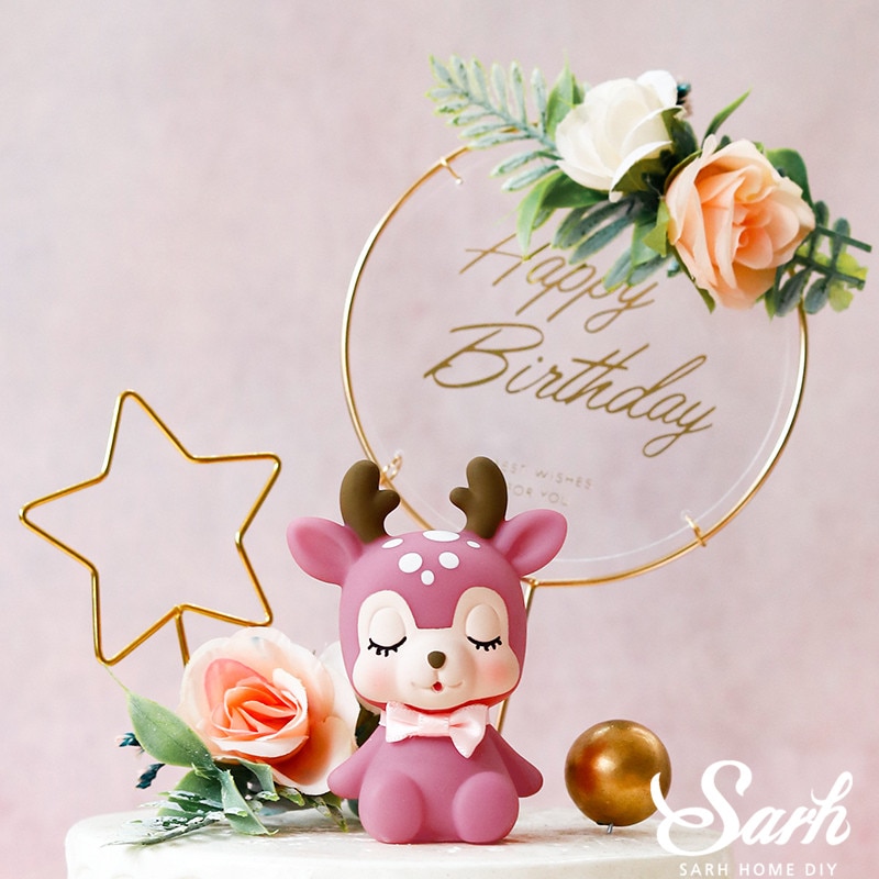 Pink Sika Deer Cake Toppers Artificial Flower Birthday Decor for Party Supplies Wedding Baby Shower Anniversary Baking