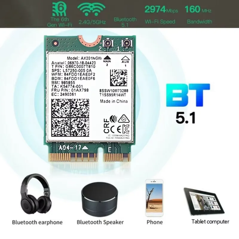 WiFi 6 Card AX201NGW 3000Mbps 2.4G/5G M.2 CNVio2 Wireless Network Card For Bluetooth 5.1 802.11AX For Laptop PC Win 10/11