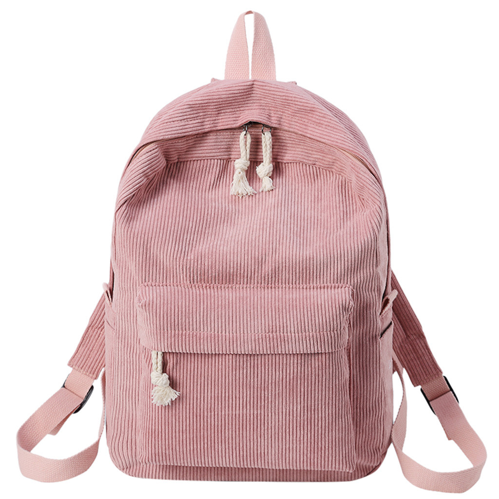 Damstudent softback axelväskor corduroy solid dragkedja casual ryggsäck väska dubbla axelväskor рюкзак женский: Rosa