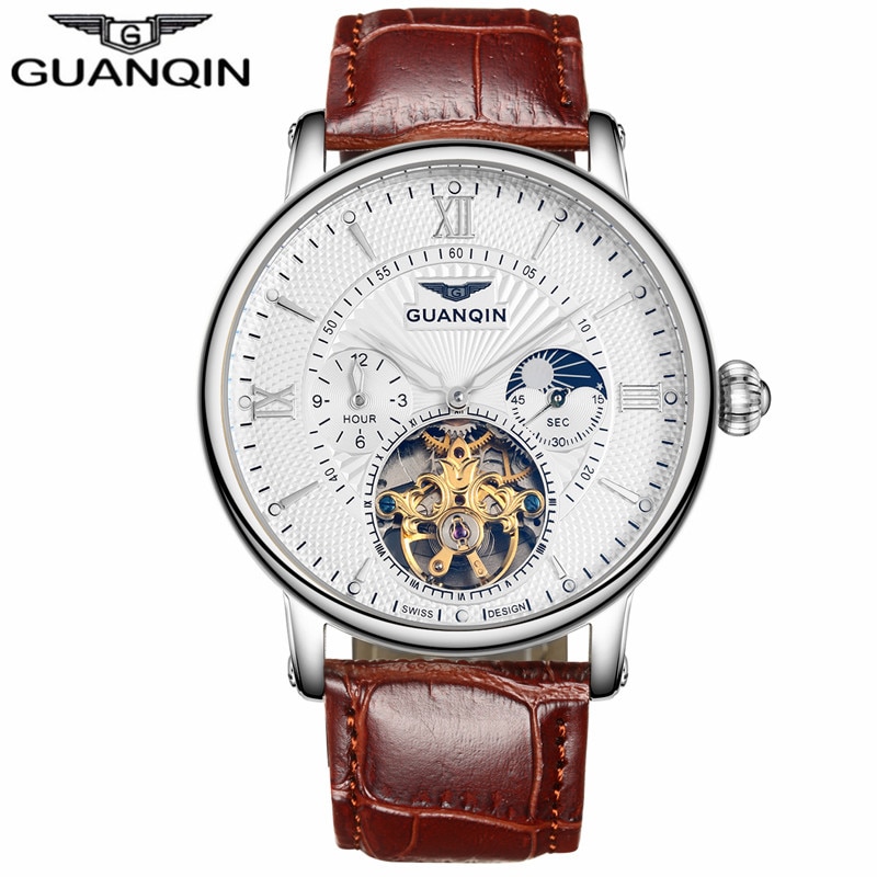 GUANQIN Luxe Top Tourbillon Skeleton Horloge Mannen Mode Casual Lederen Automatische Mechanische Horloge Relogio Masculino: Brown Silver White