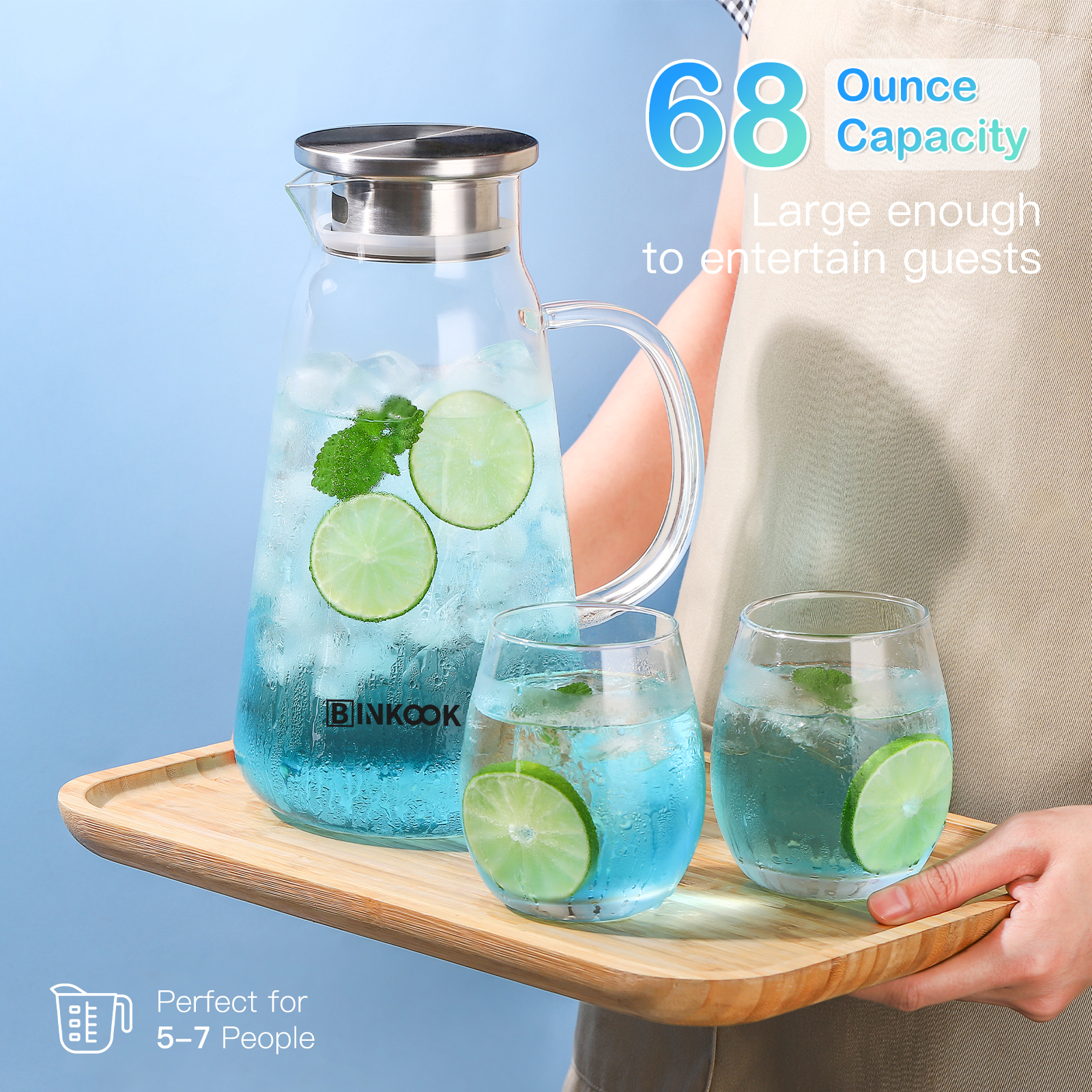 BINKOOK Large Glass Water Jug With Stainless Steel Lid Iced Tea Pot Juice Carafe Heat Resistant Kettle Beverage Container