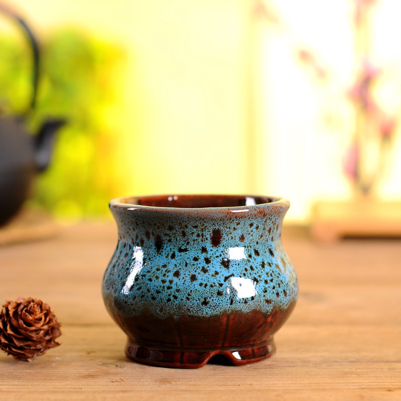 Kinesisk stil flekkete blomsterpotte bonsaipotter i porselen for sukkulentplanter dekorative planter i keramisk blomsterpotte for hjem og hage: Blå
