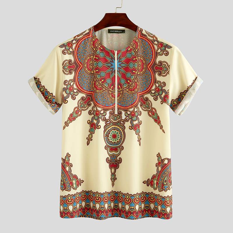 Incerun afrikansk dashiki skjorta herr kortärmad etnisk stil tryckt sommar dragkedja casual toppar traditionella skjortor kläder: Gul / 5xl