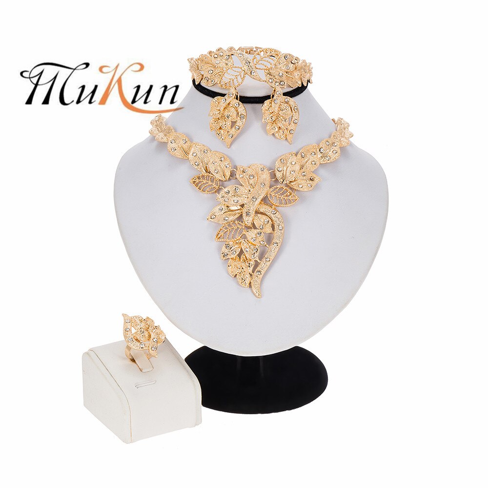 Dubai gold color jewelry sets African bridal wedding party for women Necklace Bracelet earrings ring set jewellery: Default Title