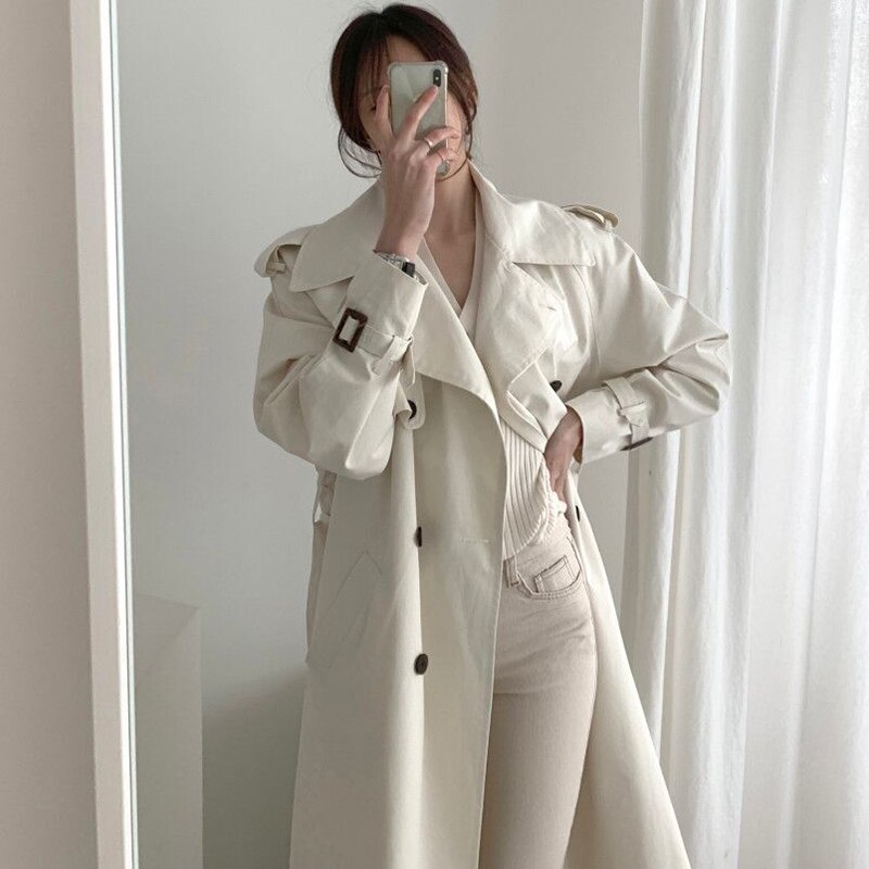 Gagarich dames trenchcoat in koreaanse stijl, chic, wit, grote revers, dubbele rij knopen, tailleband, slanke rechte lange jas, herfst