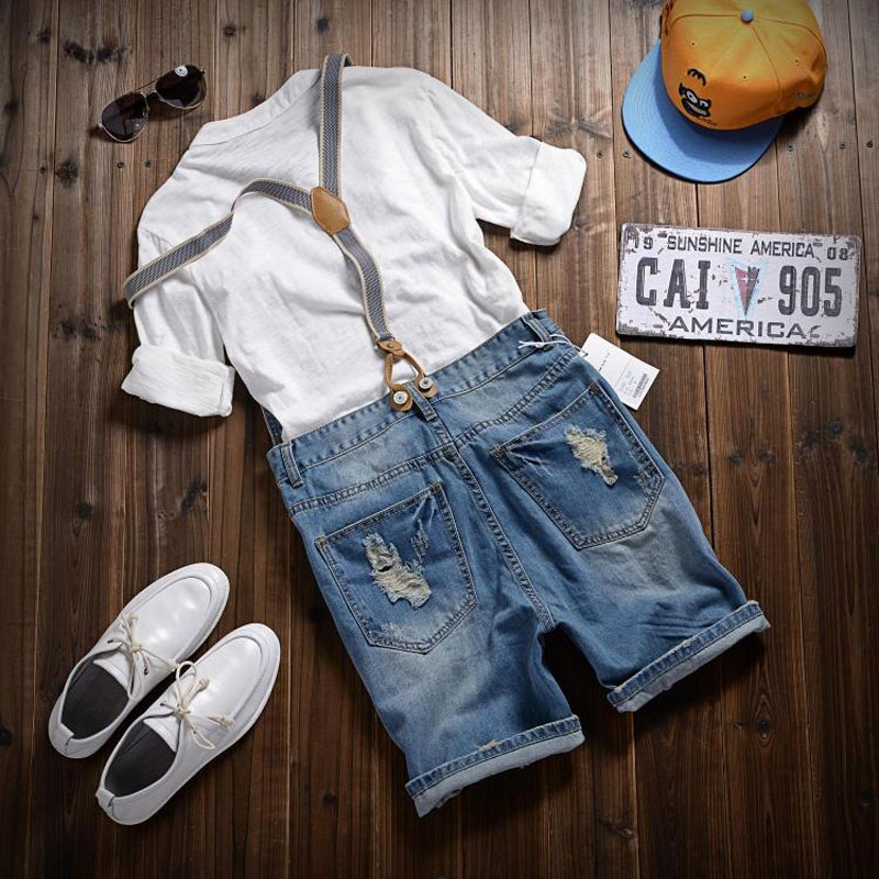 Heren strakke rechte broeken distressed jeans gescheurde jumpsuit gewassen jeans denim overalls mannelijke casual broek bretels slabbetjes