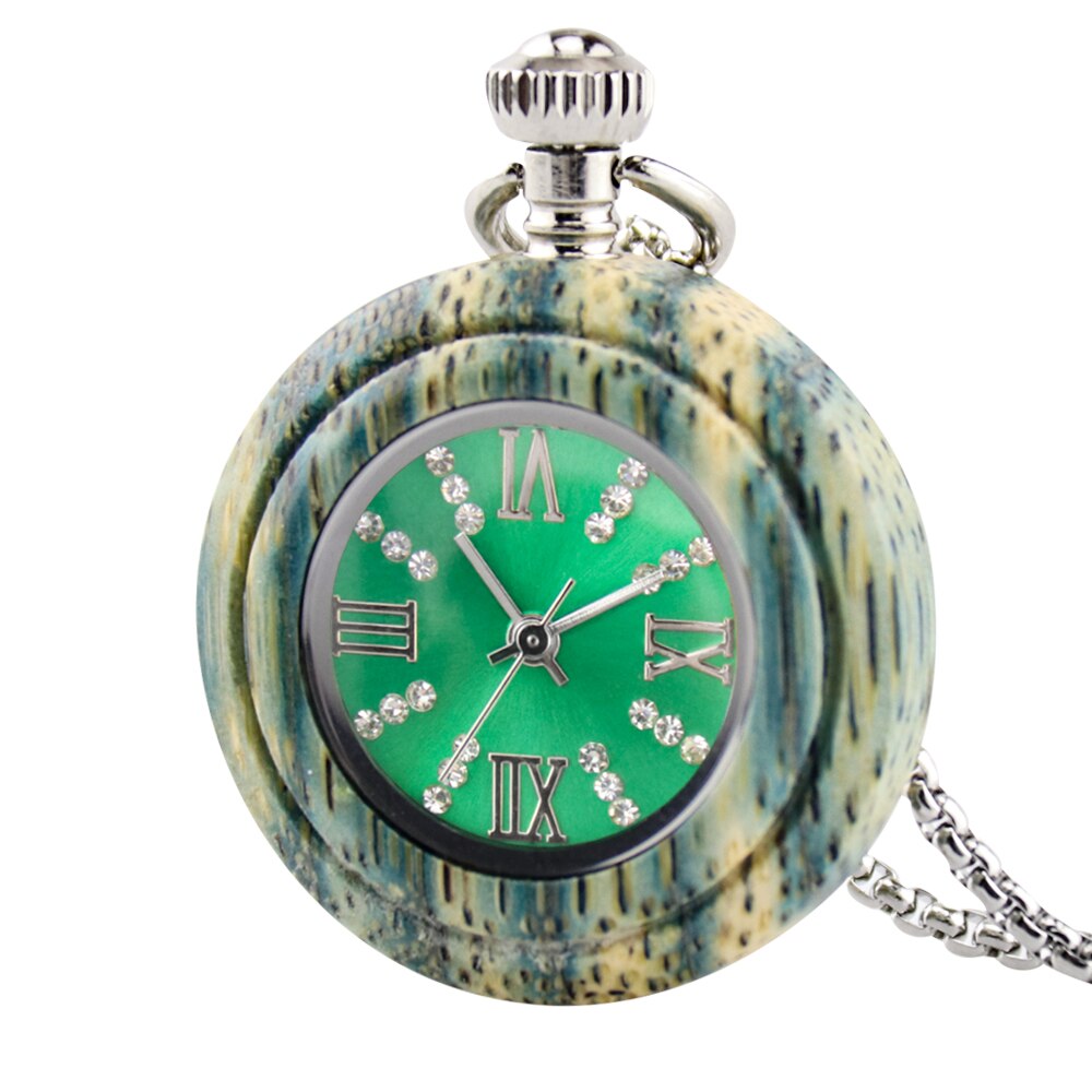 Novel Colorful Bamboo Wood Quartz Pocket Watch Arabic Numerals Round Dial Wooden Pendant Pocket Clock Men Women with Chain