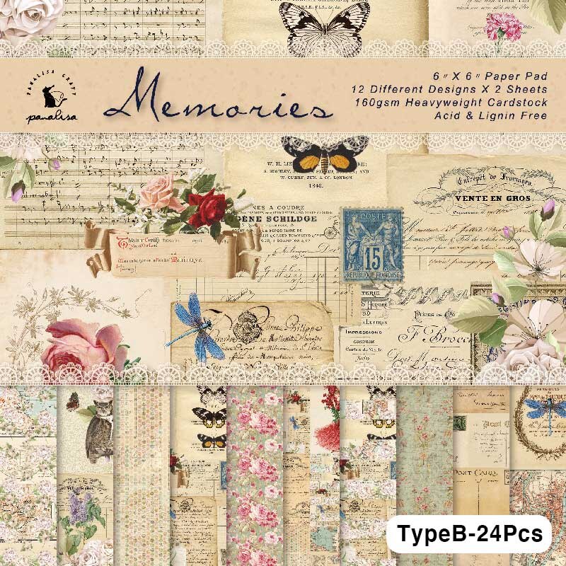 24 Sheet Vintage Butterfly Flower Craft Paper Scrapbooking Material Paper Junk Journal Decorative Paper Album Scrapbook Paper: TypeB-24Pcs