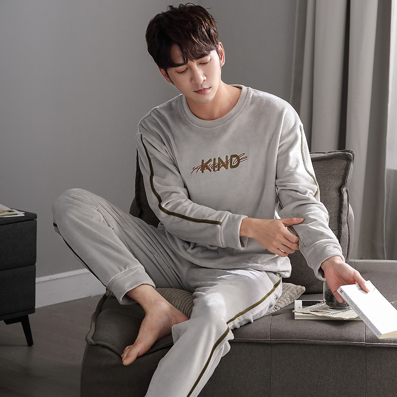 Pyjama en molleton pour homme, ensemble de nuit, col rond, lettre de couverture, épais, garde au , flanelle, vêtements de maison, automne et hiver