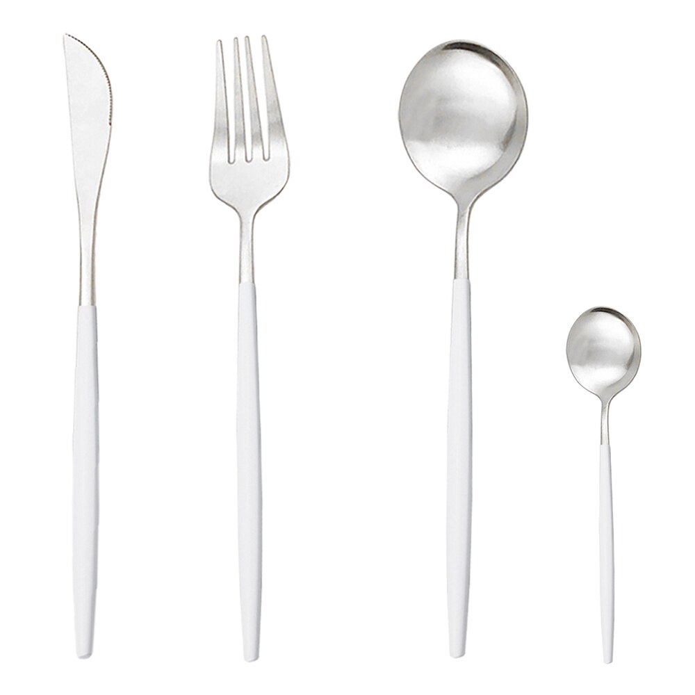 16pcs Western Black Gold Dinnerware Flatware Set Kitchen Knife Fork Spoon Cutlery Set 304 Stainless Steel Matte Silverware Set: White Silver