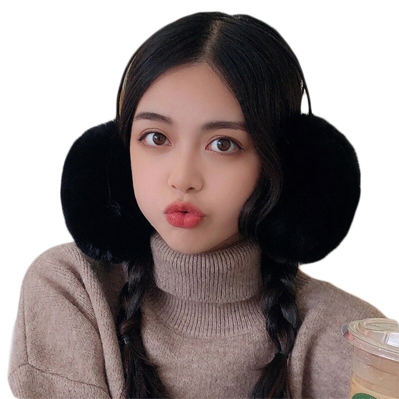 Korean Women Men Unisex Winter Thicken Fluffy Plush Earmuffs Headband Simple Solid Color Adjustable Ear Covers Warmers Hair Hoop: Black