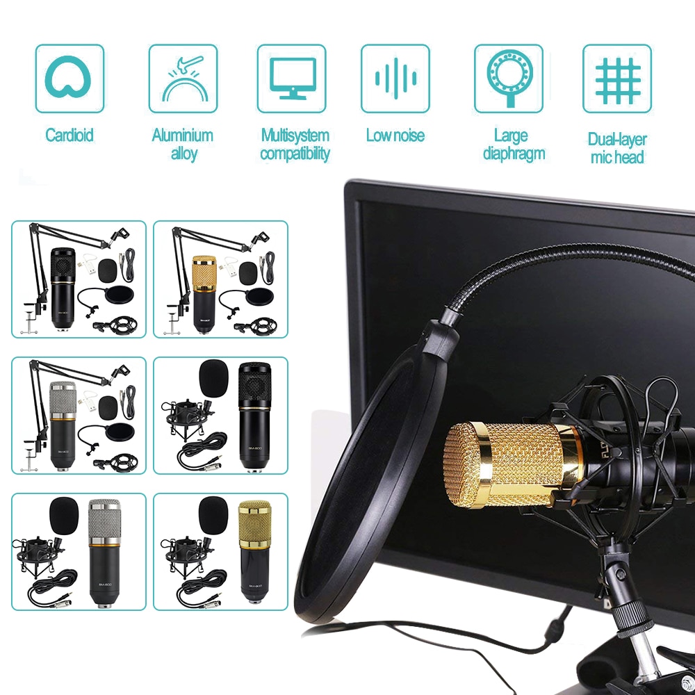 BM-800 Condenser Microphone Gold Ring Set Computer Mobile Phone Live Broadcast Equipment Network K Song