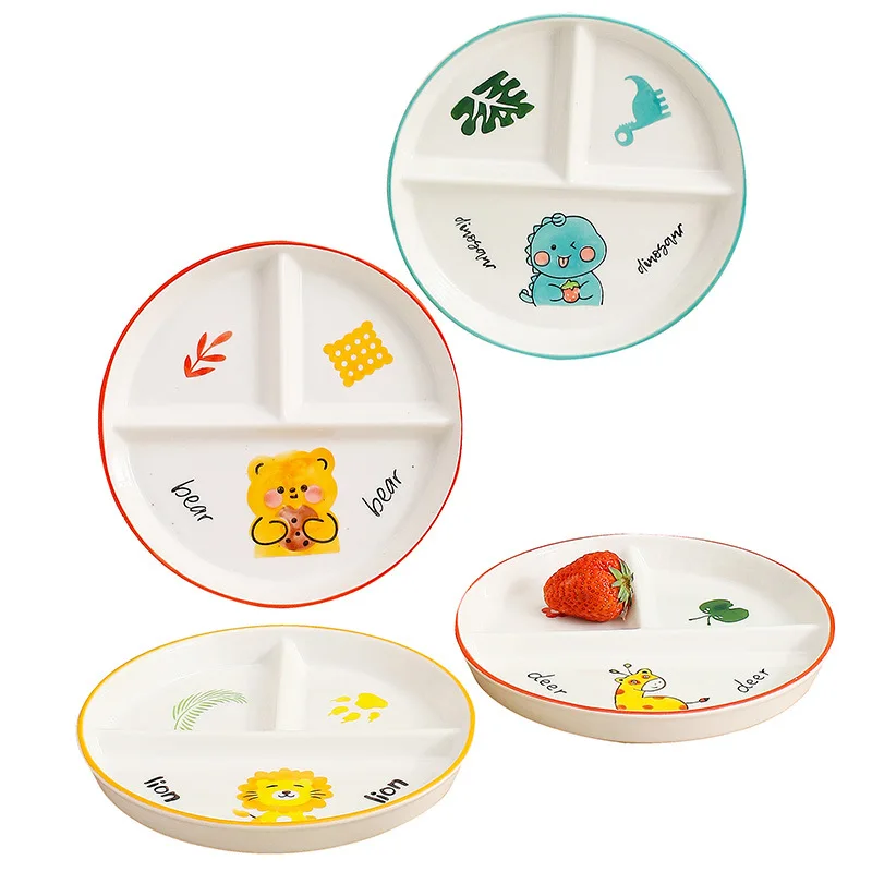 Children's Tableware Cartoon Ceramic Grid Plate for One Person Breakfast Plate Divider Plate Ceramic Dish Serving Platter