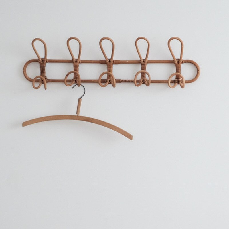 Handmade Real Rattan Hangers Rustic Retro Rattan Wall Hanging Decoration Hook Porch Wall Coat Rack Clothes Rack: Dark 5 Hooks