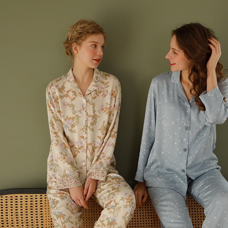 Spring Natural Cotton Pajamas Female Star and Moon Print Pijamas Women Cotton 2 Piece Set Women Huispak Vrouwen