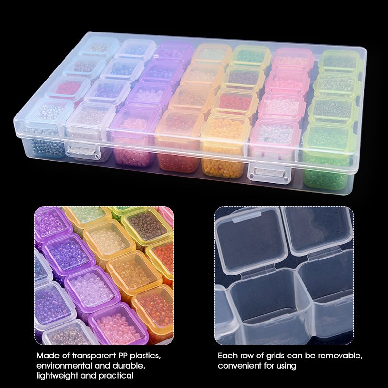 Caja de almacenamiento de plástico para joyería, contenedor rectangular de 28 ranuras, 17,5x10,7x2,7 CM, cuentas de diamantes de imitación, píldoras, pendientes
