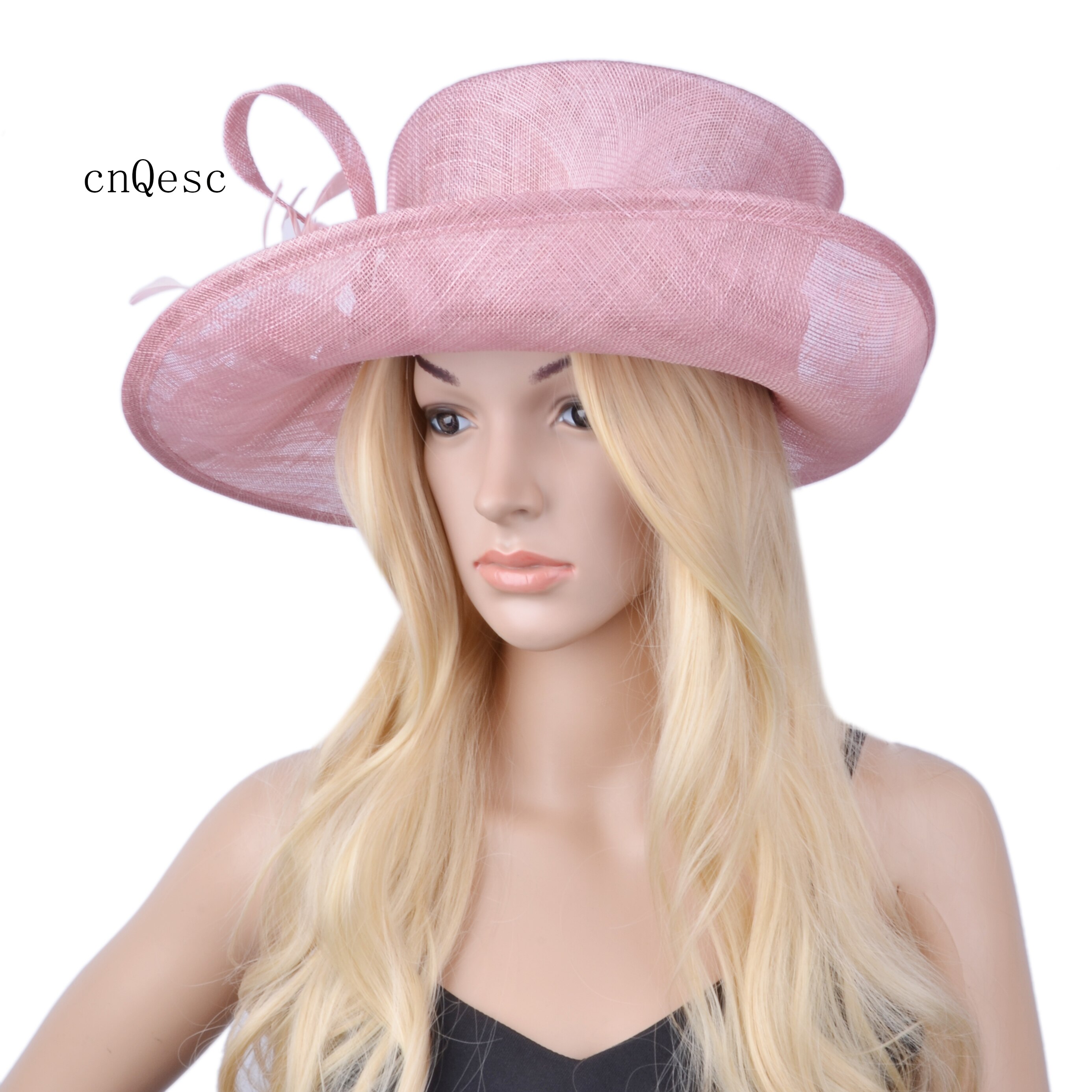 Blush pink big brim sinamay hat for Church.