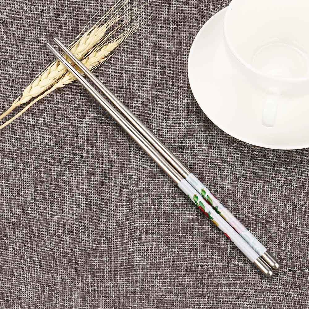 1 Pair Stainless Steel Chopsticks Patterns Food Sticks Portable Reusable Chopstick Sushi Length White Flower Pattern