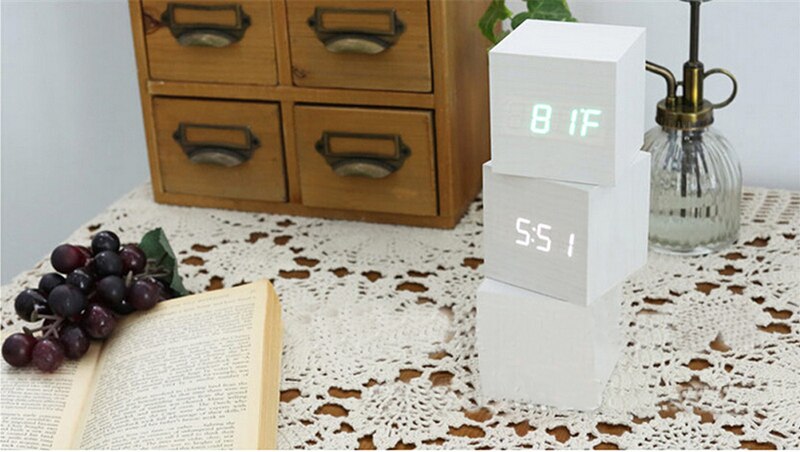 LED Square White Wooden Alarm Clock Desk Digital Clock With Temperature Time Function 4 Colors