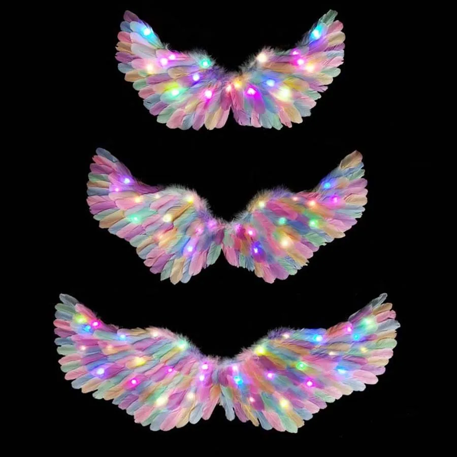LED Light Up Glow White Colors Feather Angel Wings Costume for Kids Adults Halloween Christmas Year Eve Glow Party Supplies