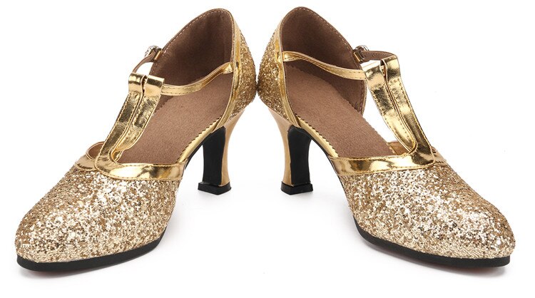 Kvinna gyllene silver skor kvinnor höga klackar för latin dans och ballroom jazz dans skor för kvinnliga zapatos plateados mujer: Guld- / 7