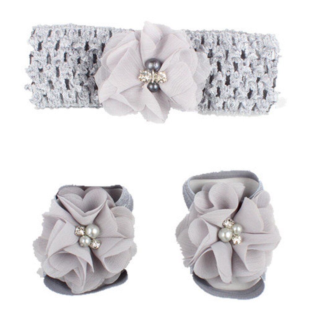 3 Pieces A Set Cute Baby Girls Toddler Flower Hairband Headband Flower Barefoot Sandal / Shoes Set Children Accessories: gray