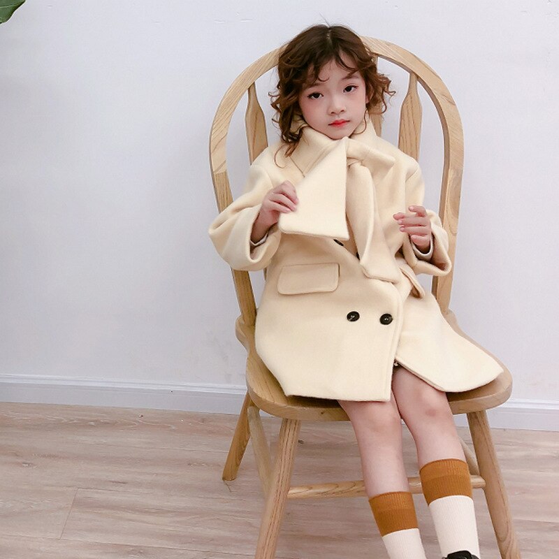 Wlg uldfrakke til piger børn vinter beige grøn pink tyk lang stil frakker babypige fahion all match cashmere frakke 3-8 år: Beige / 3t