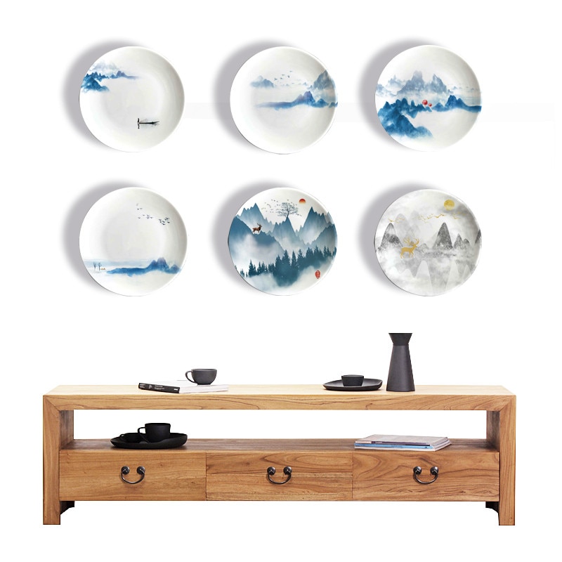 Plato colgante de pared con pintura de paisaje moderno de cerámica, Plato decorativo de porcelana creativa, adornos de decoración de entrada de la casa